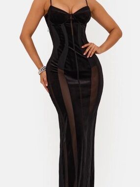 Black Mesh-Panel Maxi Dress with Corset Bodice